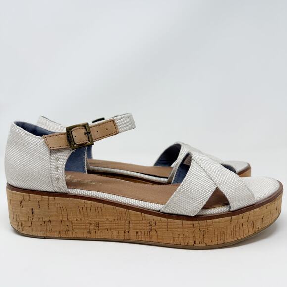Toms Shoes - TOMS Women's 9.5 Harper Wedge Sandal in a Neutral Tan Linen Color Platform Cork